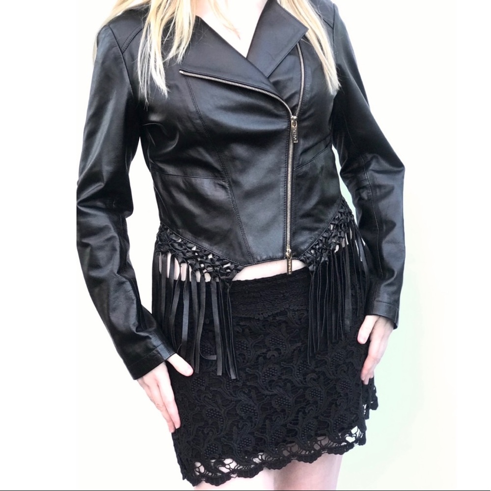 Black genuine leather biker Moto jacket braided fringe Western goth punk boho